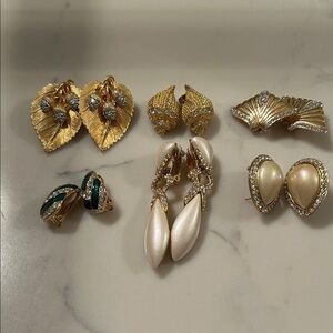 Bundle of 6 pair earrings for evening.  Elegant Gold ,pearl, green & rhinestone.